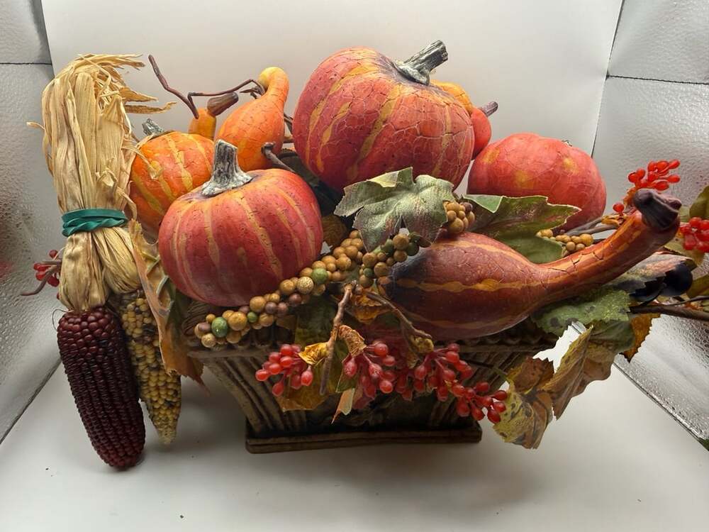 Fall Harvest Centerpiece with Pumpkins, Gourds, Berries, and Corn in Basket